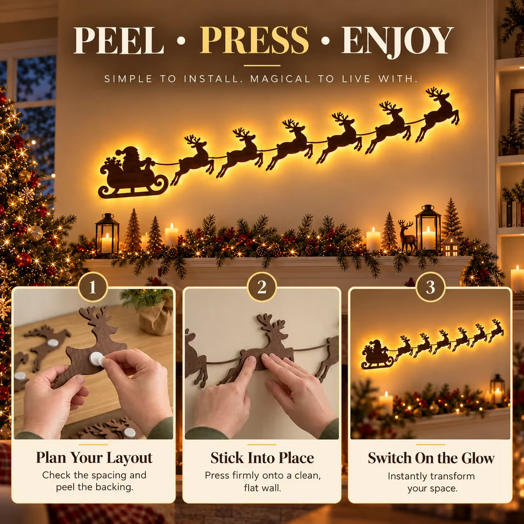 🦌Santa Sleigh & 6 Reindeer LED Wall Display- Warm Christmas Glow