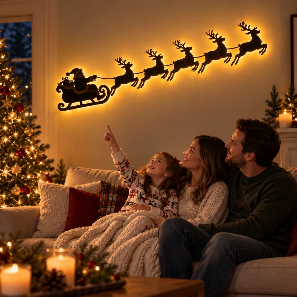 🦌Santa Sleigh & 6 Reindeer LED Wall Display- Warm Christmas Glow